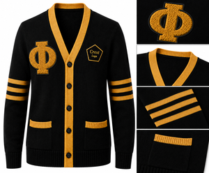 Cardigan noir en tricot pour femme Alpha Phi Alph avec rayures dorées, manches longues, pull décontracté pour la fraternité, l'université et le collège - Product Image 6