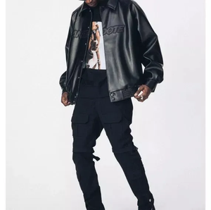 Chaqueta de Cuero Genuino para Hombre con Logotipo en Relieve 3D, Cuello Byron, Botones a Presión, Chaqueta Bomber de Cuero Extra Grande, Elegante para el Invierno - Product Image 4