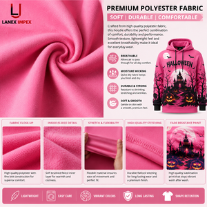 Sweat à capuche unisexe personnalisé 3D rose Halloween Maison Hantée Citrouille, pull à sublimation, streetwear gothique en polyester - Product Image 5