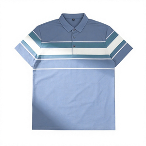 เสื้อเชิ้ตผู้ชายสีเบจลายทางแขนสั้นติดกระดุมด้านหน้า แต่งขอบสีดำ ผ้าถักเนื้อนุ่มระบายอากาศได้ดี ผลิตจากโพลีเอสเตอร์เจอร์ซีย์ น้ำหนัก 220 กรัม - Product Image 5