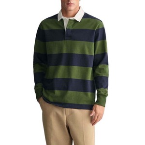 Camiseta Polo de Rugby a Rayas de Manga Larga para Hombre, Verde Marino, Cuello Camisero, Corte Regular - Product Image 1