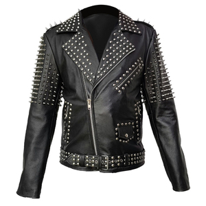 2026 Slim Fit Premium Quality Easy Wear Comfortable Handmade Genuine Leather Stand Collar Front Logo <b>Studded</b> Jacket <b>Men</b> Raccoon - Product Image 1