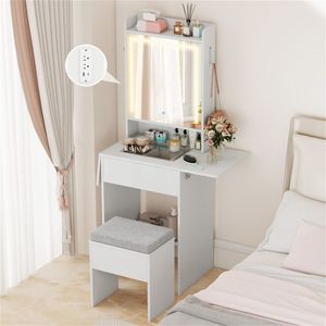 "White Glass <b>Makeup</b> Vanity with LED Lighted <b>Mirror</b> 2 Drop Leaf Extension & Built-in Charging Station" - Product Image 6