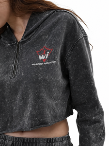 Women's Acid Wash Cropped Hoodie with Quarter Zip Long Sleeves Raw Hem and Relaxed Streetwear Fit - Product Image 4