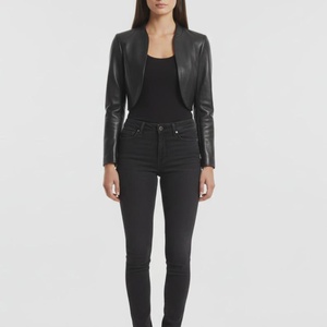 Black PU <b>Leather</b> Stand Collar Cropped <b>Blazer</b> Full Sleeve Minimalist Women's <b>Jacket</b> Autumn Style - Product Image 5