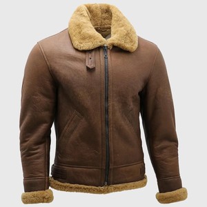 Men’s Vintage Brown Shearling Leather Bomber Jacket with Fur Collar, Zip Closure and Adjustable Waist <b>Tabs</b> - Product Image 1