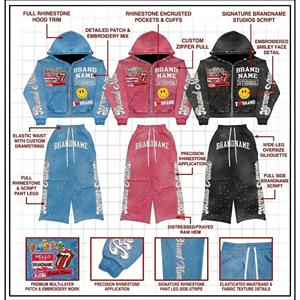 Custom Distressed <b>Embroidery</b> Zip up Rhinestone Graphic Hoodie Sweatpants Acid Wash Mens Hoodies Sweatshirt <b>Sets</b> Tracksuit - Product Image 4