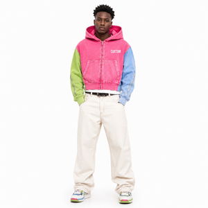 Bright Pink Acid Wash Color Block Hoodie Full <b>Zip</b> Heavyweight Cotton Oversized <b>Hooded</b> Sweatshirt Private Label OEM ODM Supplier - Product Image 4