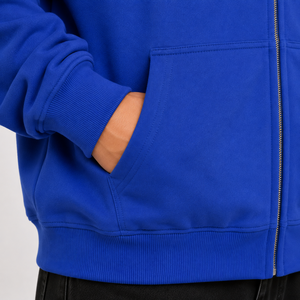 Sweat-shirt à capuche zippé bleu en molleton de coton avec poche graphique imprimée sur le devant, épais, personnalisable, pour l'hiver, style décontracté - Product Image 5