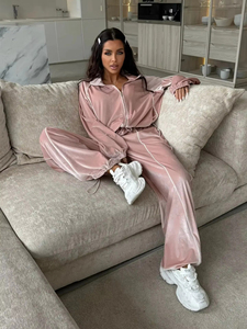 Ensemble de survêtement en velours rose pour femme, haut zippé à manches longues, pantalon large, coupe ample, toutes saisons, couleur unie, tenue décontractée - Product Image 3
