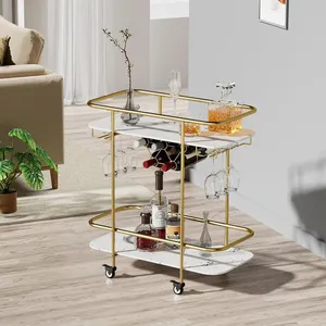 Gold Metal Rolling Bar Cart with Marble Top Wine Bottle <b>Rack</b> American Style Eco-Friendly Party Serving Plated Safe ZAHID EXPORT - Product Image 5