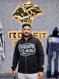 Sudadera con capucha negra personalizada para hombre, con cremallera completa, estilo oversize, estampado puff blanco, forro polar, OEM ODM, peso pesado - Product Image 1