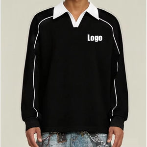 Polo de Manga Larga Negro para Hombre, Color Sólido, Tejido de Punto, Diseño Casual con Solapa, Costuras en Contraste - Product Image 1