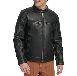Chaqueta de Motociclista de Cuero Genuino Negro para Hombre, Cuello Alto, Cierre de Cremallera, Color Sólido, Largo Regular, para Otoño - Product Image 1