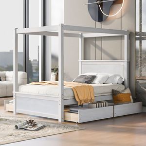 Lit à baldaquin en bois brossé blanc pleine grandeur avec quatre tiroirs et sommiers à lattes – aucun sommier tapissier nécessaire - Product Image 1