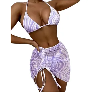 Maillot de bain d'été pour femme, ensemble bikini sexy 2 pièces, imprimé personnalisé, haut triangle dos nu et bas de bikini froncé à cordon - Product Image 5