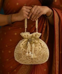 Bolso de mano artesanal bordado con cuentas y cordón, tipo Potli, para fiestas, bodas, o como estuche para joyas y cosméticos. - Product Image 3