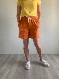 Shorts en lin orange pour femme, taille mi-haute élastique, décontracté, respirant, coupe régulière avec poches, couleur unie, tissu tissé - Product Image 5