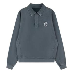 Sudadera Polo Gris de Punto Acanalado Lavado de Alto Gramaje, Manga Larga, Cuello con Solapa, Estilo Casual Masculino, Ajuste Cómodo, Calidad Premium - Product Image 2