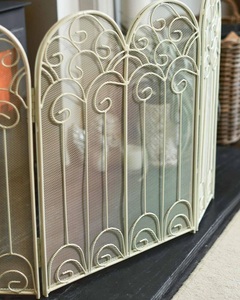 Ivory Scroll Arch Metal Fireplace <b>Screen</b> Four Panel Folding Spark Guard Decorative Mesh Hearth Safety <b>Protector</b> - Product Image 2