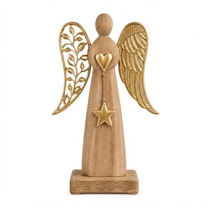 Figurine d'ange en bois avec ailes dorées, cœur et étoile, décoration de table, ornement de Noël, style traditionnel - Product Image 1