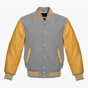 Chaqueta de Béisbol Estilo Varsity, Cuerpo de Lana Gris y Mangas de Cuero Dorado, Cuello Alto, Estilo Casual - Product Image 1