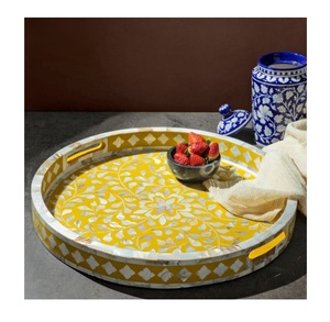 Premium Handmade Mother Of Pearl <b>Round</b> <b>Tray</b> Black And White Floral Bone Inlay Decorative Serving Platters For Luxury Home Decor - Product Image 6