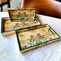 Ensemble de plateaux de service en bois floral exclusif, rectangulaires, dorés, décoratifs, pour la cuisine, plateau de table basse, cadeau