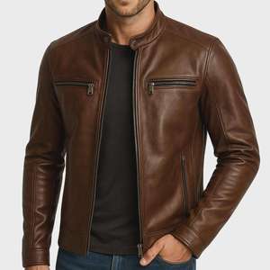 Chaqueta de Moto de Cuero Genuino Marrón, Cuello Alto, Cierre de Cremallera, Manga Larga, Resistente al Viento, Estilo Casual para Otoño - Product Image 6