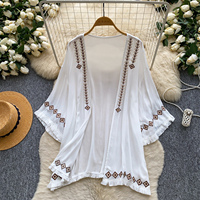 Blusas Vintage de Manga Larga para Mujer, Camisas Bordadas Sólidas, Tops Elegantes para Mujer, Ropa al por Mayor