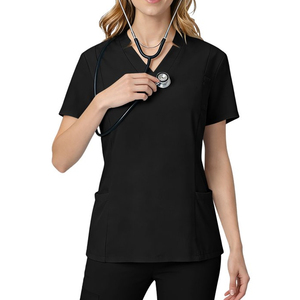 Women Black V-Neck Short Sleeve <b>Scrub</b> <b>Top</b> With Front Pockets Hospital Uniform Woven Cotton Polyester - Product Image 2