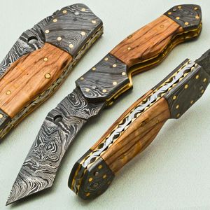 Navaja Plegable Hecha a Mano de Acero de Damasco con Mango de Madera de Olivo, Cuchillo Táctico para Camping y Caza, Dureza 58HRC, Garantía de 3 Años - Product Image 1