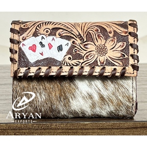 Cartera de señora con ribete de cuero de vaca genuino y tooled, gran oferta, Cartera de ases de tres pliegues de cuero occidental, tarjetero organizador, carteras - Product Image 1
