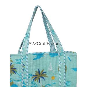 กระเป๋าโท้ทผ้าฝ้ายเย็บมือสำหรับผู้หญิง หูหิ้วยาว ลายพิมพ์บล็อกอินเดียแบบลายทาง เหมาะสำหรับใช้ไปทะเลและงานปาร์ตี้ - Product Image 2