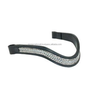 Equestrian Black Leather Horse Premium Quality Handmade Brow Bands With Decorative <b>Crystals</b> and Stones with <b>Stitched</b> Loops - Product Image 2