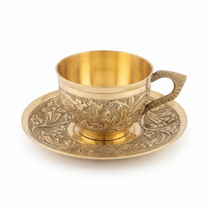 Juego de taza y platillo de café de latón antiguo personalizado, grabado floral vintage, juego de tazas de té y café expreso, para regalo de boda, recuerdos, en oferta. - Product Image 1