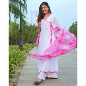 Ensemble de costume décontracté en coton blanc et rose, tissu en mousseline, taille XS - Product Image 3