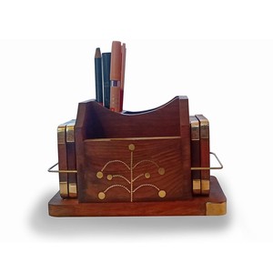 Handcrafted Sheesham Wood <b>Desk</b> Organizer with Mughal Brass Inlay | Wholesale - Product Image 1