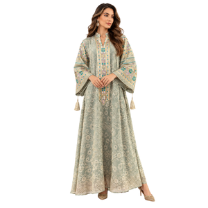 Sage Green Embroidered Abaya Stand Collar Floor Length <b>Modest</b> Muslim <b>Dress</b> with Tassel Bell Sleeves for Eid Traditional Wear - Product Image 1