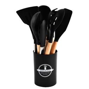 <b>Silicone</b> Kitchen Utensil Set with Wooden Handles Black Nonstick Cooking <b>Tools</b> Spatula Spoon Turner Tongs Holder for Home Kitchen - Product Image 2