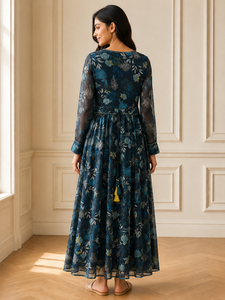 Elegante Vestido Largo para Mujer, Estampado, Color Azul Marino, Cómodo, de Manga Larga, Cuello Redondo, para Fiesta o Uso Casual - Product Image 3