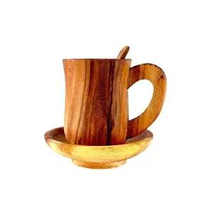 Ensemble tasse à café, soucoupe et cuillère en bois naturel artisanal, écologique, en bois massif, vaisselle pour le thé - Product Image 1