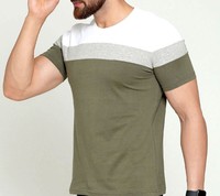 T-shirt décontracté pour homme, coupe slim, col rond, manches courtes, color-block vert olive, blanc et gris, en coton tricoté respirant, design uni