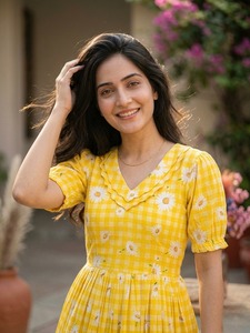 Vestido maxi de gran venta con estampado de cuadros y flores, estilo casual, para oficina, con vuelo redondo, estilo indio pakistaní, Kurti, precio bajo. - Product Image 3