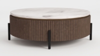Table basse ronde en marbre avec base en bois cannelé et pieds en métal, mobilier moderne pour salon, durable et facile à nettoyer