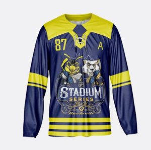 Maillot de hockey sur glace personnalisé pour homme, manches longues, blanc et bleu marine, imprimé Stadium Series, en polyester anti-humidité, uniforme adulte à manches complètes - Product Image 3
