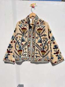 Velvet Suzani Embroidered Cotton Jacket Handmade <b>Stand</b> Collar Boho Winter Kimono Artisan Ethnic Outerwear - Product Image 3