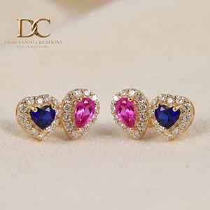 ต่างหูเพชรเพาะเลี้ยงทองคำแท้ 14KT สีเหลือง พร้อมทัวร์มาลีนสีชมพูและไพลินสีน้ำเงินเข้ม เครื่องประดับ IGI คุณภาพสูงสำหรับผู้หญิง - Product Image 2