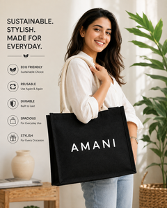 AMANI กระเป๋าช้อปปิ้งผ้าปอกระเจาขนาดใหญ่ สีดำ พิมพ์ลายตัวอักษร หูหิ้วเชือก ขนาด 16x12x6 นิ้ว - Product Image 4