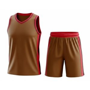 Conjunto de camiseta de baloncesto marrón y roja con cuello en V, top sin mangas y pantalones cortos, uniforme unisex para adultos de poliéster transpirable - Product Image 1